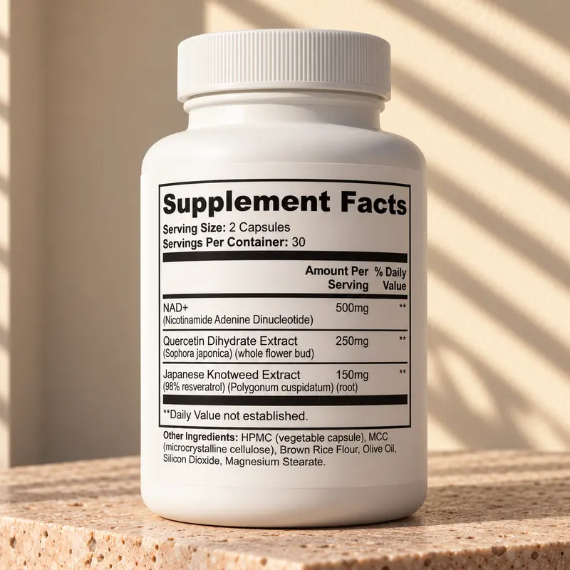 Supplement Facts panel on the Rally NAD+ bottle: 500mg NAD+, 250mg quercetin, 150mg Japanese knotweed (98% resveratrol)