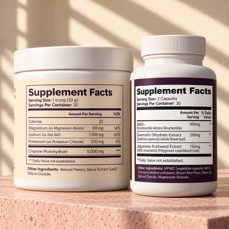 Supplement Facts panels on the Rally Hydration tub and the NAD+ bottle